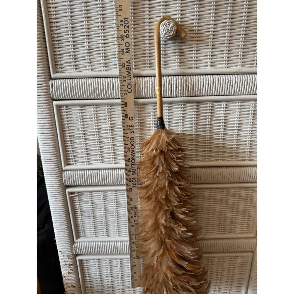 Vintage Chinese Chicken Feather Duster w/ Hooked Bamboo Handle 24-26